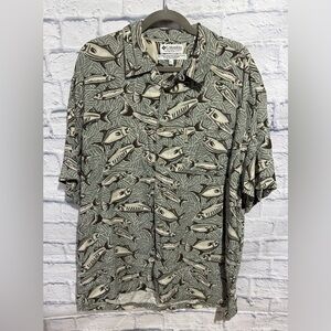 Columbia Short-Sleeve Fish Print Button-Up Shirt - Sage Green & Cream, Large